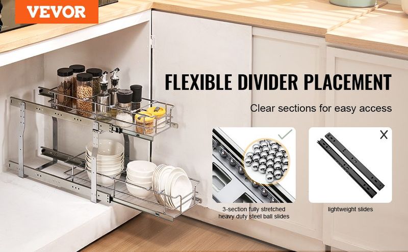2-Tier Wire Pull Out Cabinet Under Sink Organizer 8.5x21 Inch Drawer Basket_voghion.com
