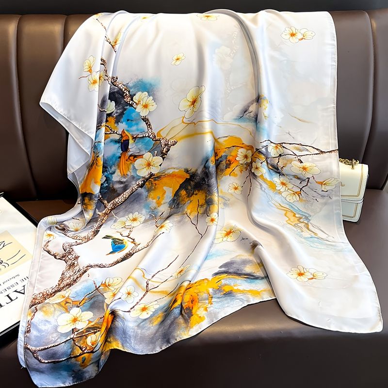 Elegant women's long with white magnolia print – soft silk light vintage style beach scarf, chic transparent_voghion.com