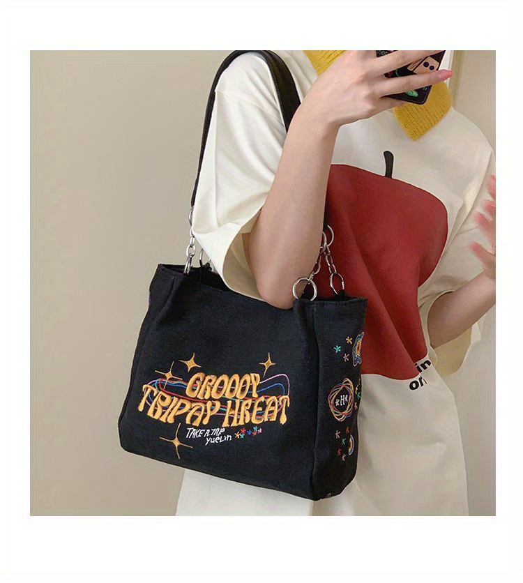 Borsa tote con grafica semplice ricamata, borsa a tracolla in tela con decorazioni in metallo di grande capacità, borsa per pendolari per tutti gli abbinamenti_voghion.com