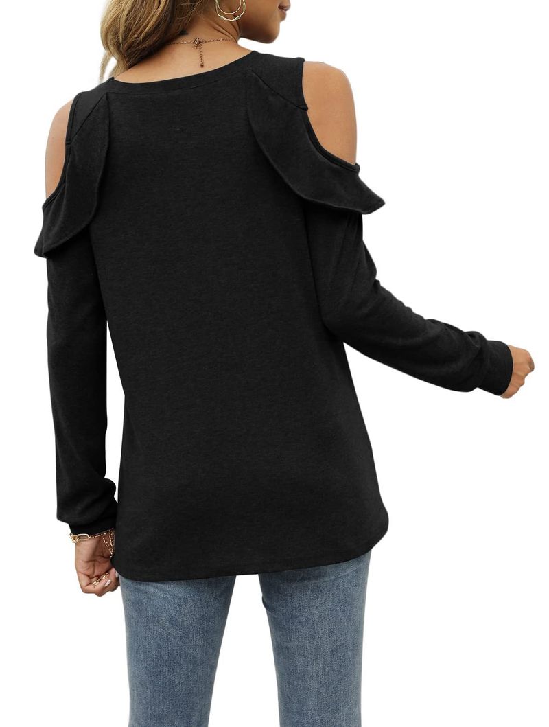 Top oversize da donna in maglia con spalle scoperte e orlo arricciato - Maglione casual in morbido misto cotone per autunno inverno_voghion.com