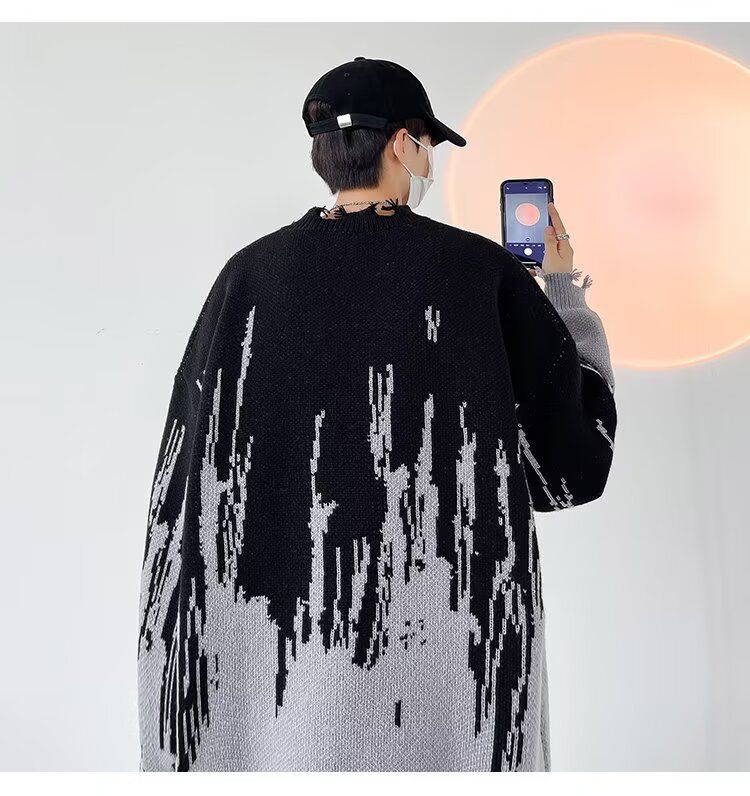 Men's Retro Knit Sweater – Oversized Casual Pullover With Tie-Dye Pattern (M-2XL, Black/Purple)_voghion.com
