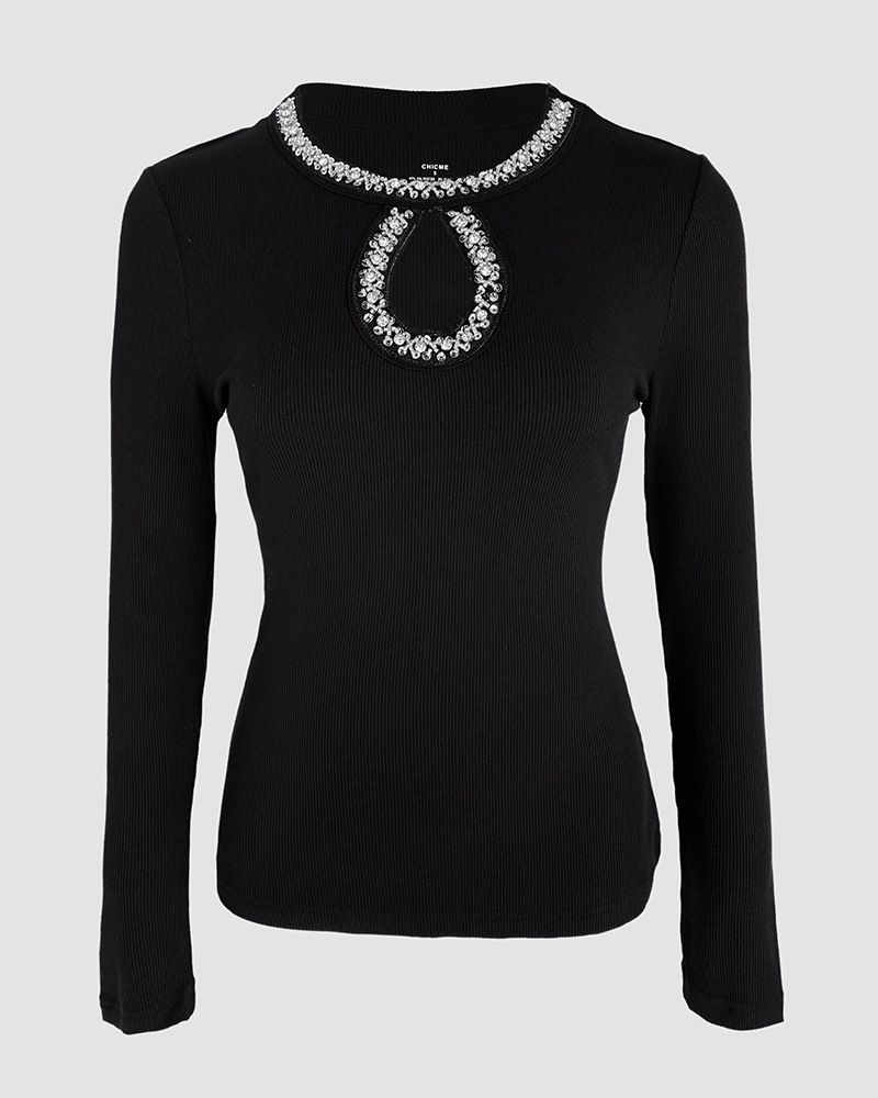 Elegante top a maniche lunghe con paillettes e coste per donna - Camicetta elegante e comoda per feste, ufficio e serate fuori_voghion.com