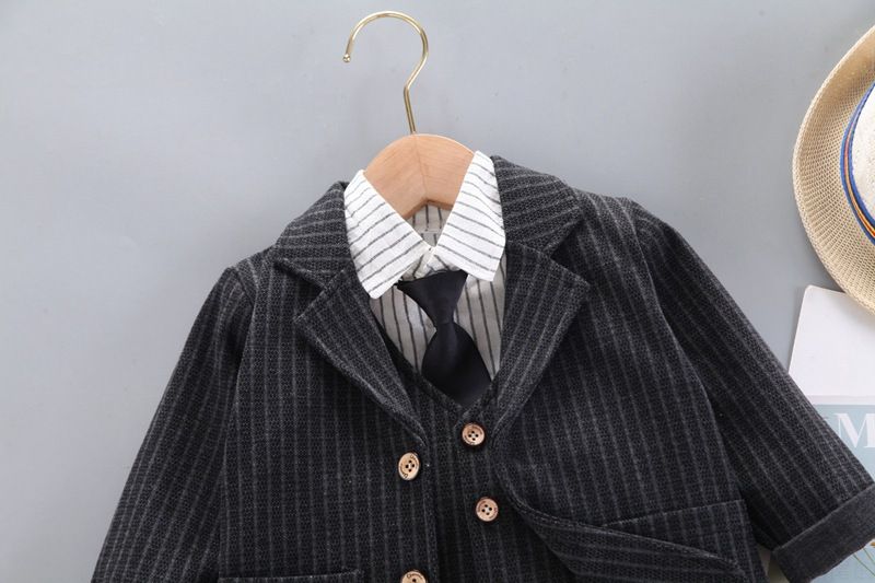 Korean Version Of Boys Striped Shirt Long Sleeved Tie Suit Children's Suit Vest Single Breasted Dress Jacket Four Piece Suit_voghion.com
