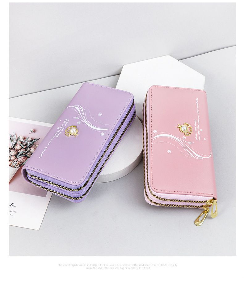Portefeuille pour femme, porte-cartes, double fermeture éclair, long portefeuille, grande capacité, pochette de poignet, imprimé perles, sac pour téléphone portable_voghion.com