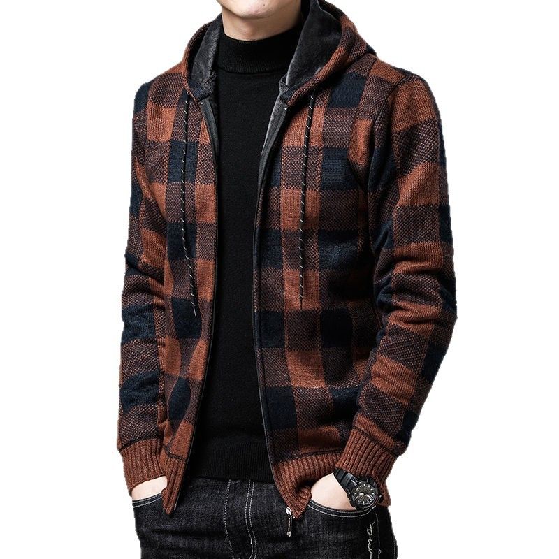 Trui Herfst Winter Mode Casual Geruite Capuchon Fleece Verdikt Heren Losse Pasvorm Plus Size Warme Cardigan_voghion.com