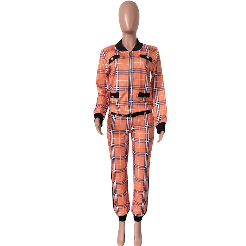 Traje casual de moda para mujer, abrigo con botones y pantalones con estampado de mil pájaros, conjunto de dos piezas_voghion.com