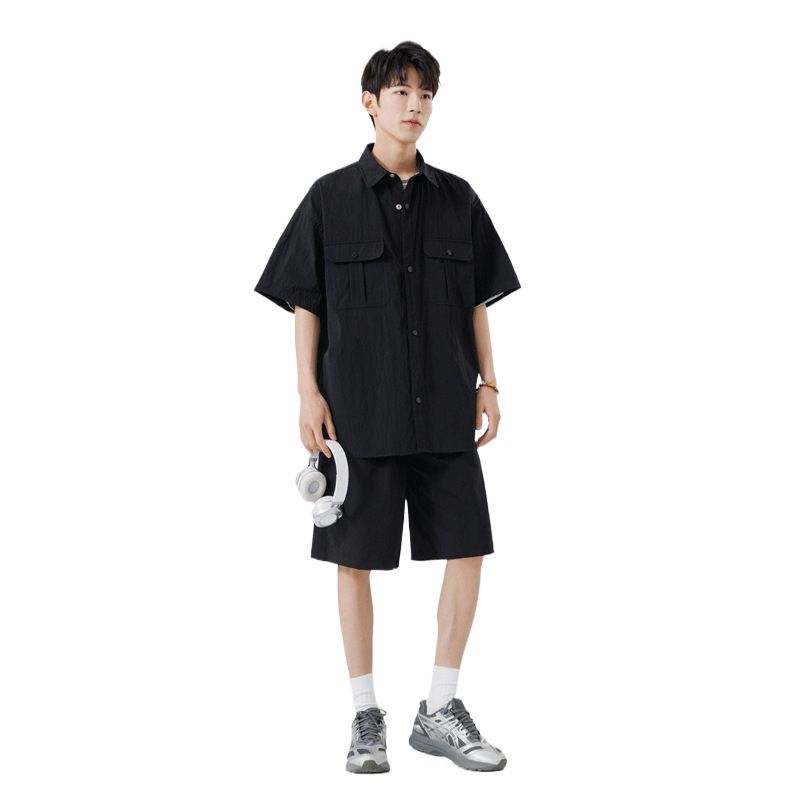 CT Thin Work Short Sleeve Trendy Plus Size Casual Five-Point Pants Shirt Summer Set Men_voghion.com