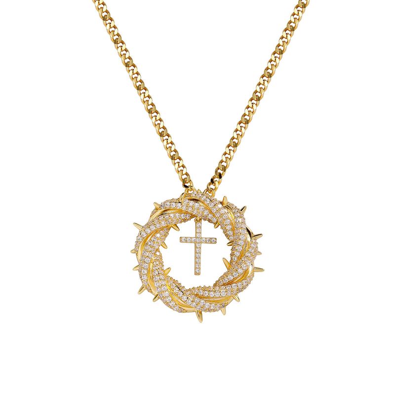 Collana con ciondolo a croce intrecciata alla moda da donna con micro pavé di zirconi in oro/argento, pezzo distintivo in stile hip-hop_voghion.com