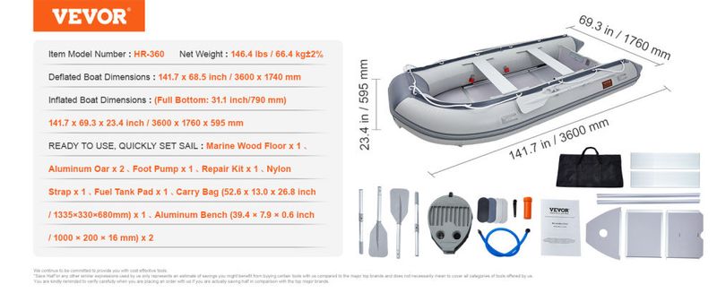 VEVOR Inflatable Dinghy Boat, 6-Person Transom Sport Tender Boat, with Marine Wood Floor and Adjustable Aluminum Bench, 1500 lbs Inflatable Fishing Bo_voghion.com