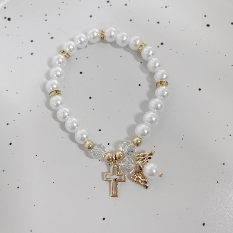 Pink White Artificial Pearl Hot Sale Hollow Cross Angel Accessories New Elastic Cord Bracelet_voghion.com