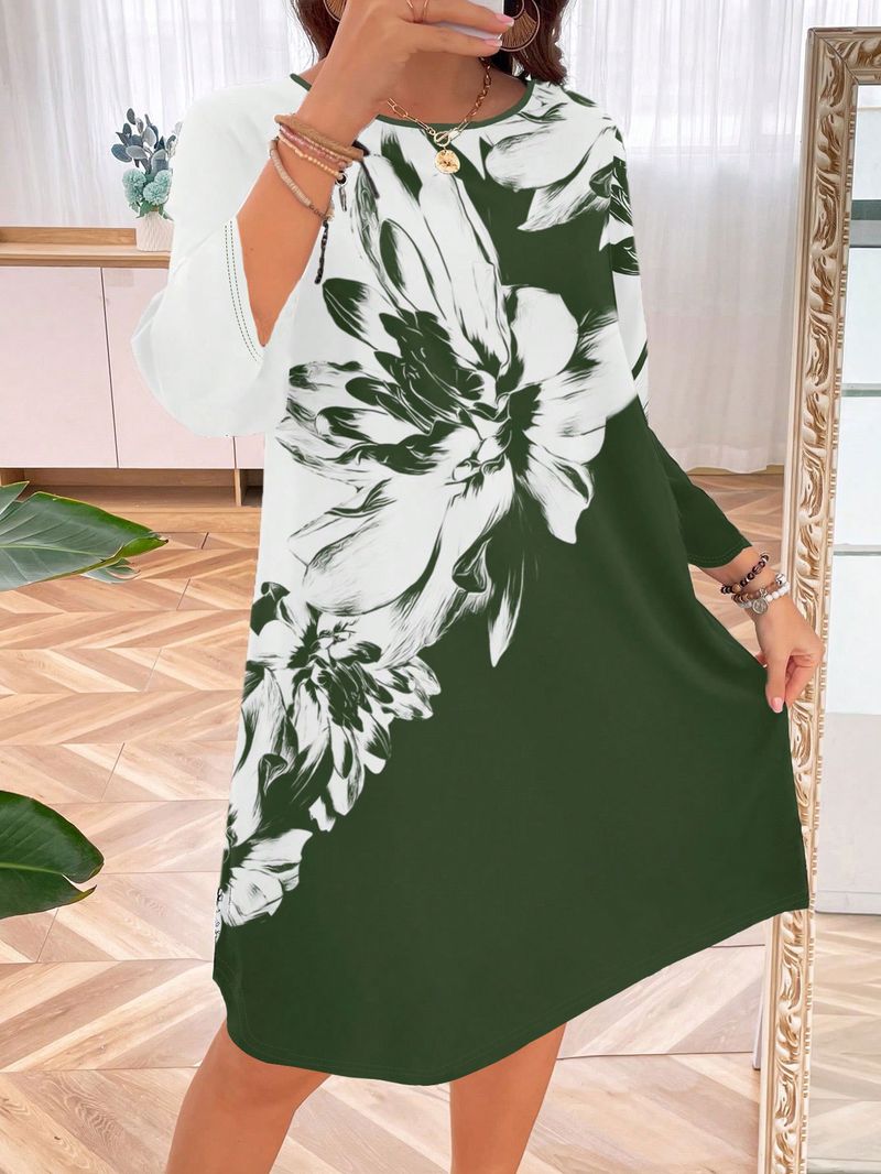 Women's Clothing Large Size Round Neck Printed Long Sleeve Mid Waist Knitted Dress_voghion.com