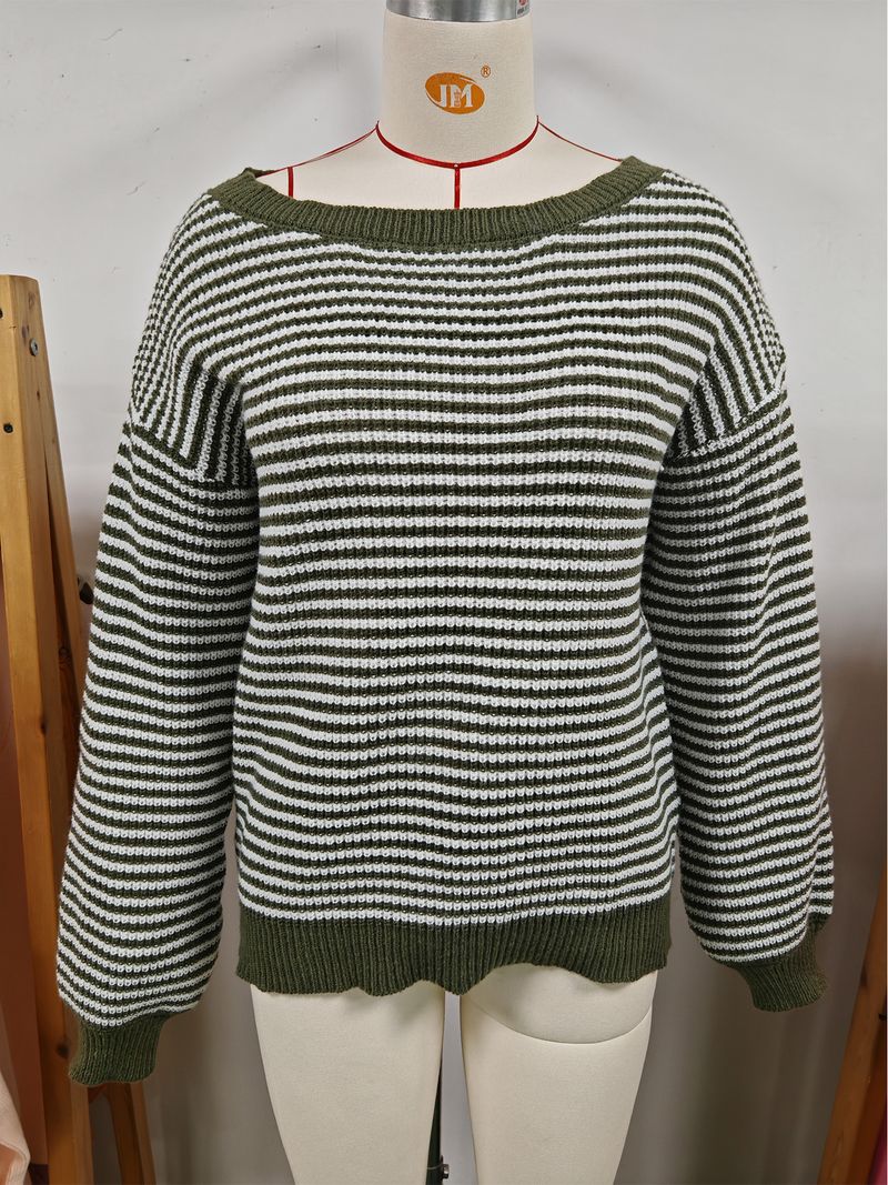 Maglione da donna in maglia con spalle scoperte, righe a blocchi di colore e maniche a lanterna – Vestibilità comoda e ampia per autunno e inverno_voghion.com