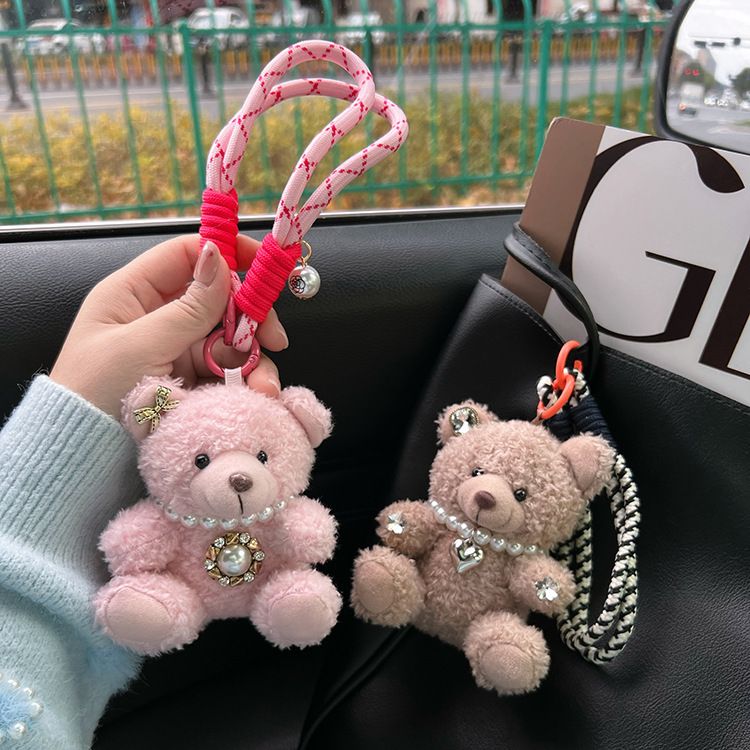 Cute Adorable Plush Bear Car Keychain Pendant With Pearl Bowknot And Heart Decoration Small Doll Ornament_voghion.com