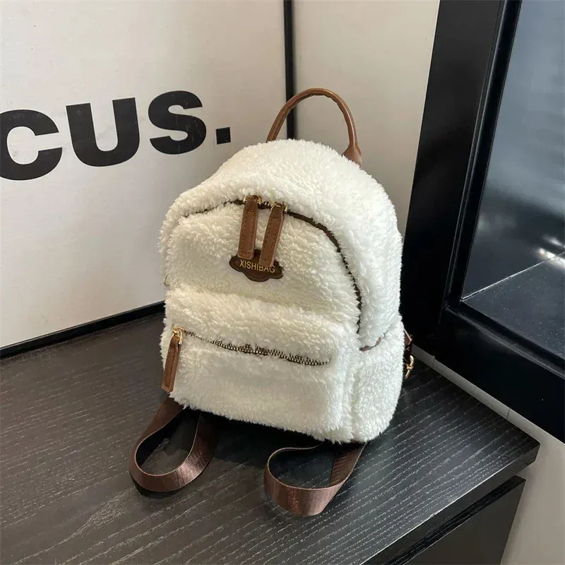 Coffee Khaki Plush Fashion Crossover Shoulder Bag Womens Er Artificial Fur Handbag Anti-theft Travel Backpack 241122_voghion.com