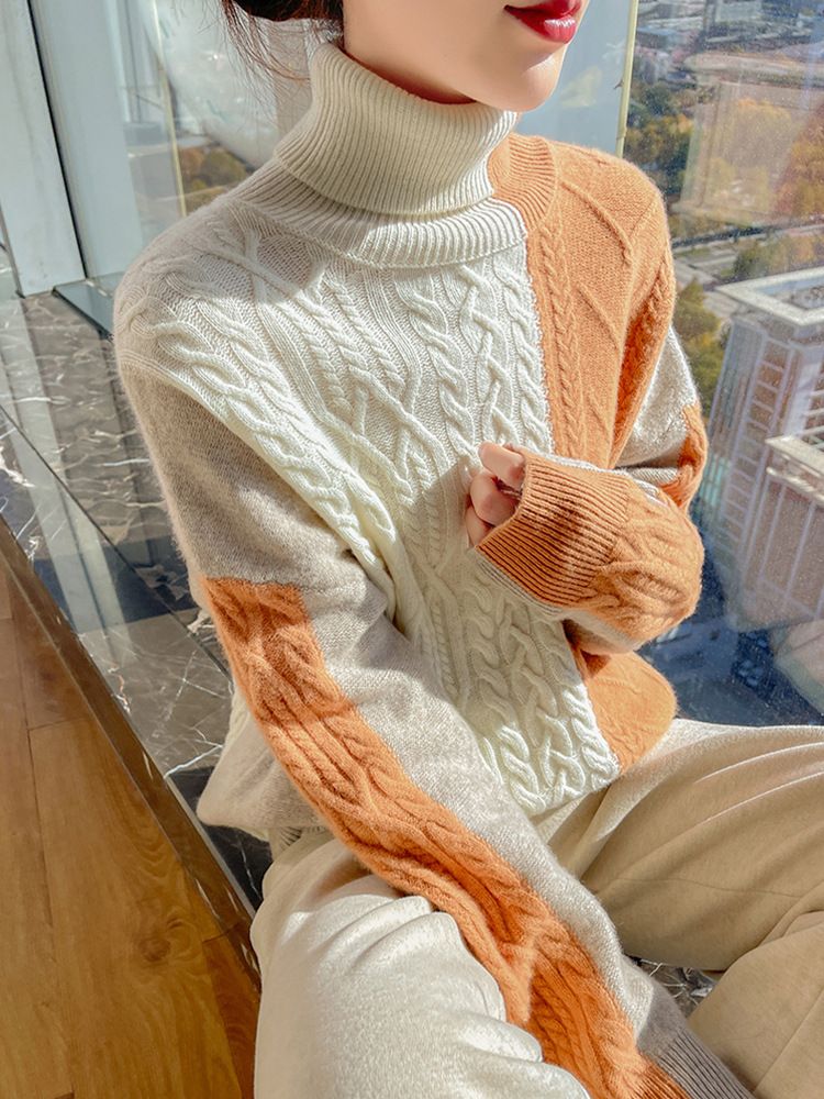 Maglione dolcevita da donna in maglia a trecce spesse – Pullover invernale spesso con motivo color block (S/M/L/XL)_voghion.com