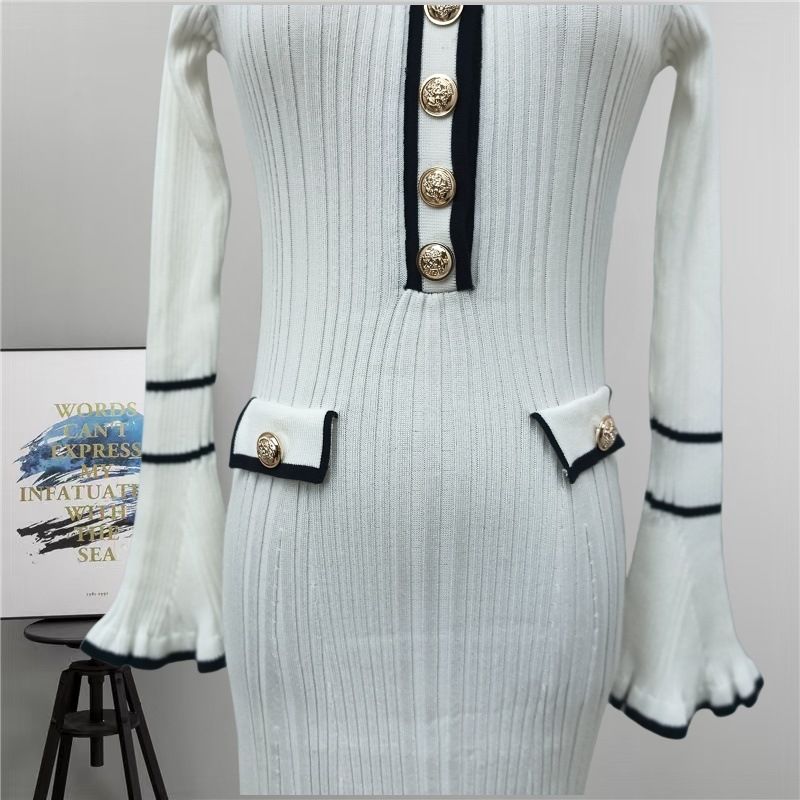 Inspired Strickkleid mit Babydoll-Kragen – X-Linien-Langarmkleid für Damen mit ausgestelltem Saum und Knopfdetail (S-XL, einfarbig, hohe Taille)_voghion.com