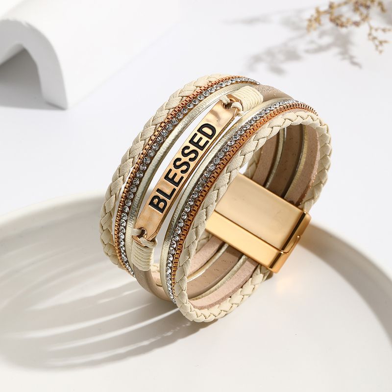 Bracelet tissé unisexe en cuir PU de style ethnique, multicouches, strass_voghion.com