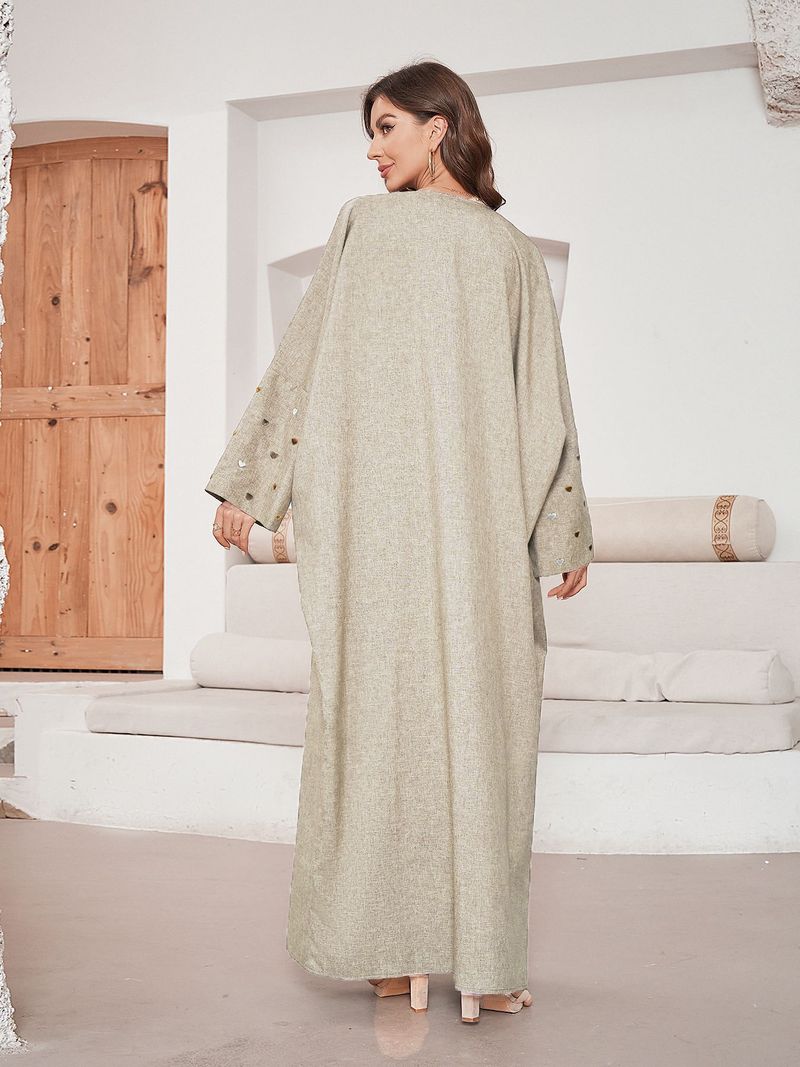 Damenbekleidung, elegantes, besticktes, herzförmiges Muster, langes muslimisches Kleid im Cardigan-Stil, modisches Polyestergewebe, zweifarbige Robe_voghion.com