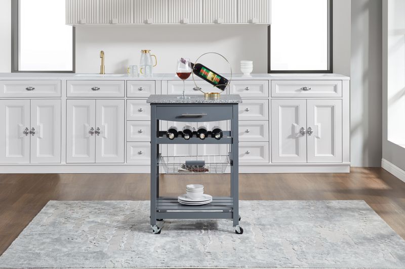 Mobile Rolling Kitchen Island Trolley Serving Cart With Underneath Drawer & Slide-Out Wire Storage Basket_voghion.com