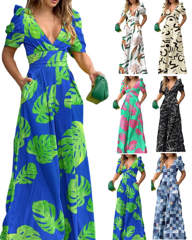 Fashion style V-neck waist wide-leg jumpsuit_voghion.com