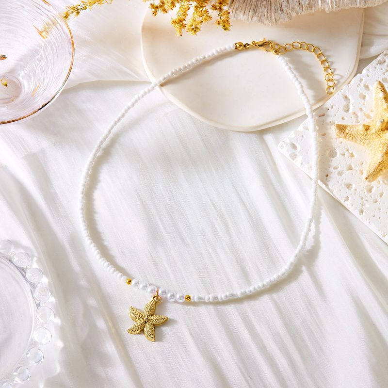 Collana girocollo con perle di riso semplici per donna, casual, versatile, da spiaggia, a forma di stella marina_voghion.com