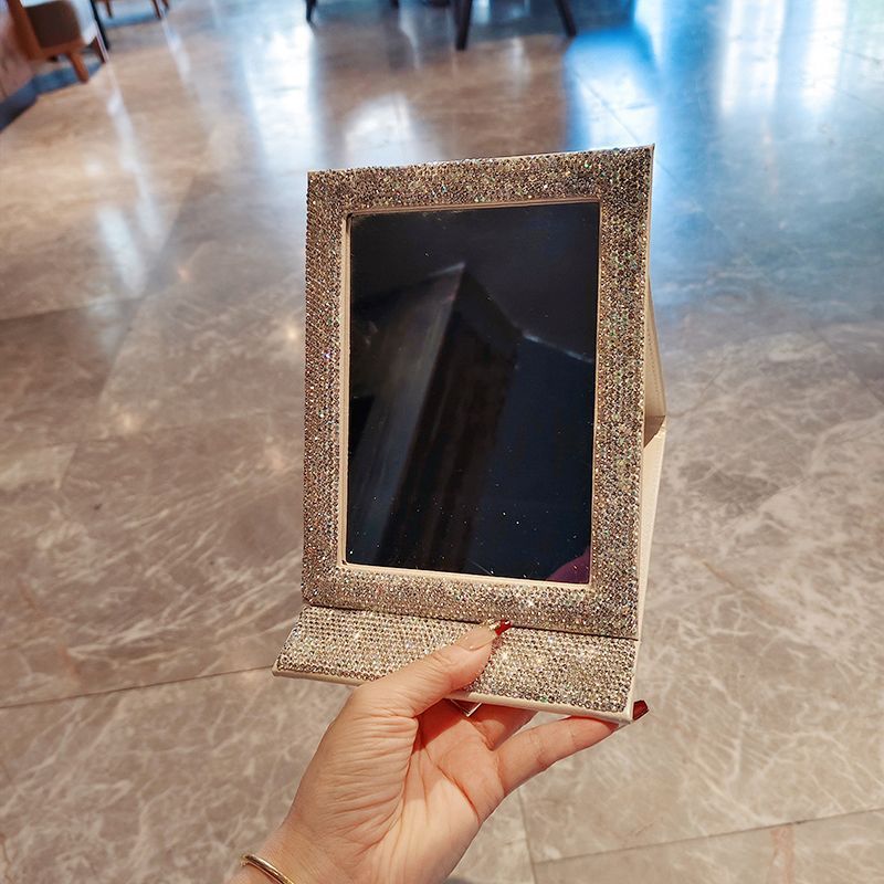 Miroir de courtoisie pliable en cuir PU pailleté avec strass – Miroir de maquillage portable de bureau et de voyage pour femmes, dortoirs, cadeaux_voghion.com