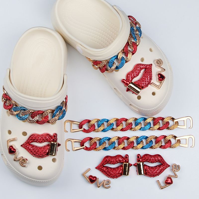Instagram Popular Red Sexy Lips Rouge For Crocs Hole Shoes DIY Ornaments Shoes Accessories Removable Chain Shoe Charms Jewelry Set_voghion.com