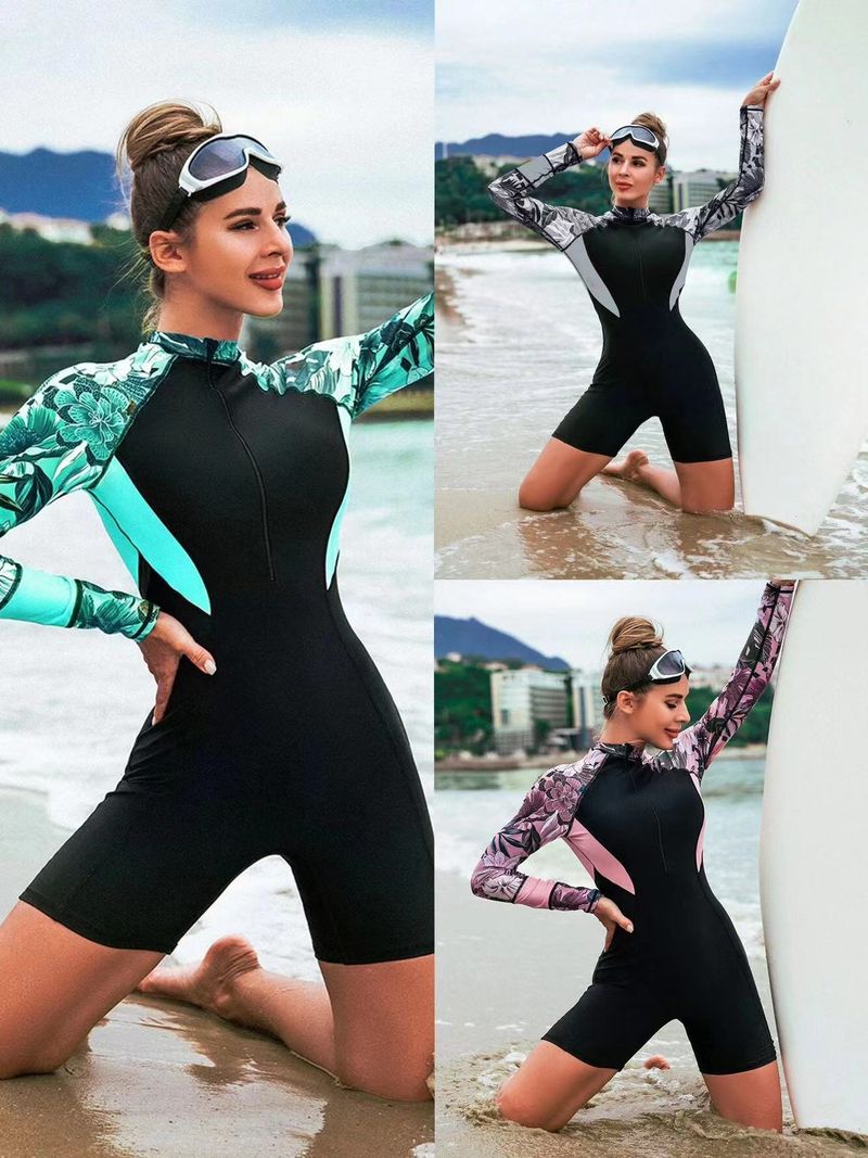 Traje de baño deportivo de competición, ajustado, con cremallera y manga larga, estampado, estilo europeo y americano, para mujer._voghion.com