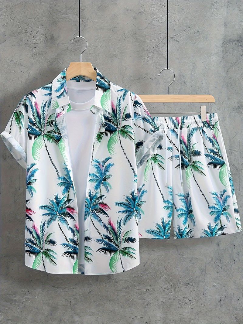 Camicia Hawaii di qualità imbattibile per uomo, casual, da vacanza, con pantaloncini a maniche corte, set da due pezzi_voghion.com