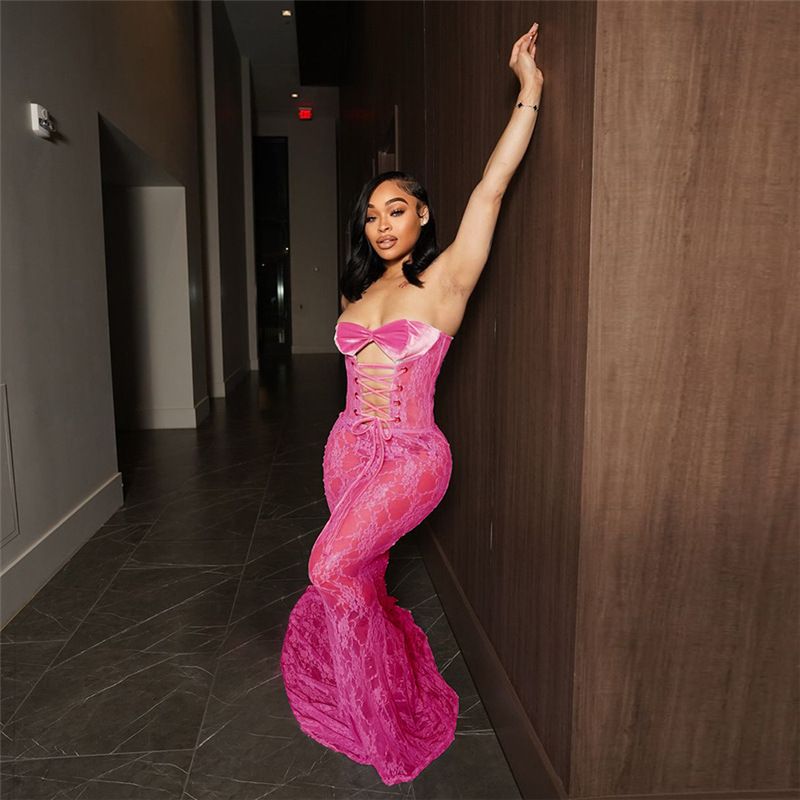 Abito aderente invernale sexy in pizzo senza spalline - Abito lungo senza maniche con fasciatura, rete trasparente e vita alta (rosso, S/M/L)_voghion.com