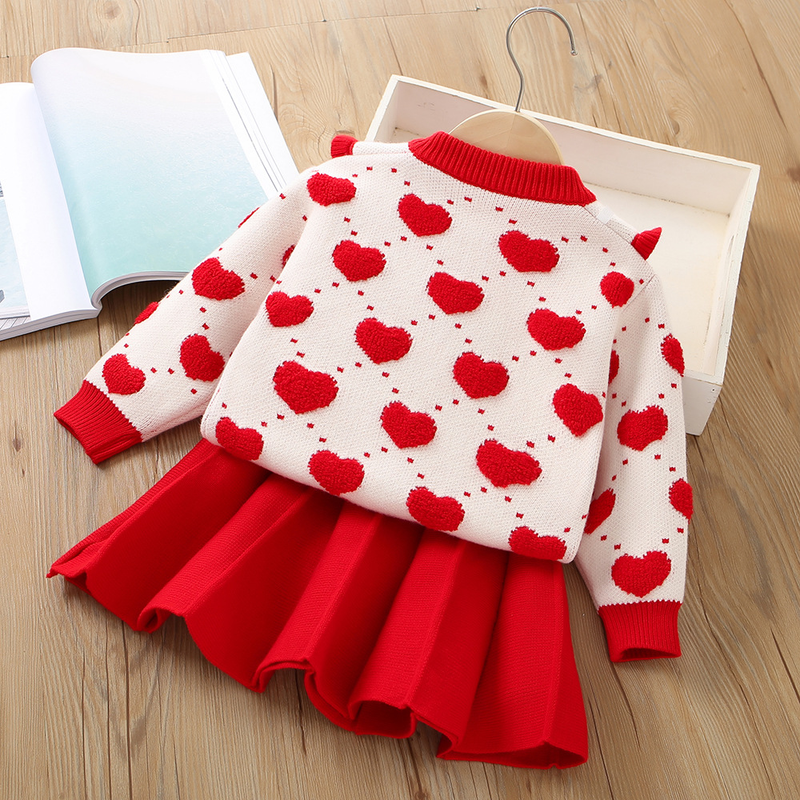 Pull tricoté en velours granulaire pour bébé fille, nouvelle édition coréenne, petit cœur, ensemble de jupe, automne/hiver 2023_voghion.com