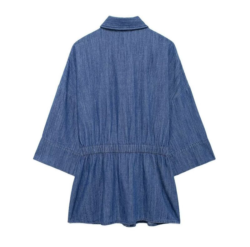 Women's Denim Shirt & Wide Leg Pants Set - Casual Office Wear, Comfortable Stretch Fabric, Adjustable Waist Tie, Autumn Fashion_voghion.com