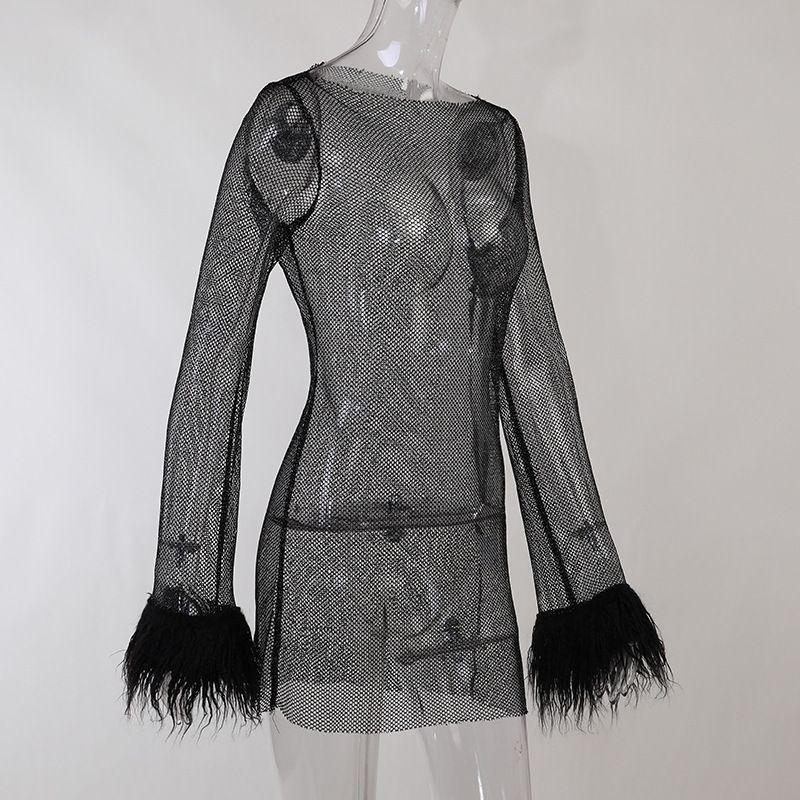 Abito da sera in rete trasparente con fili glitterati – Mini abito aderente senza maniche per la serata (nero/rosa/bianco)_voghion.com