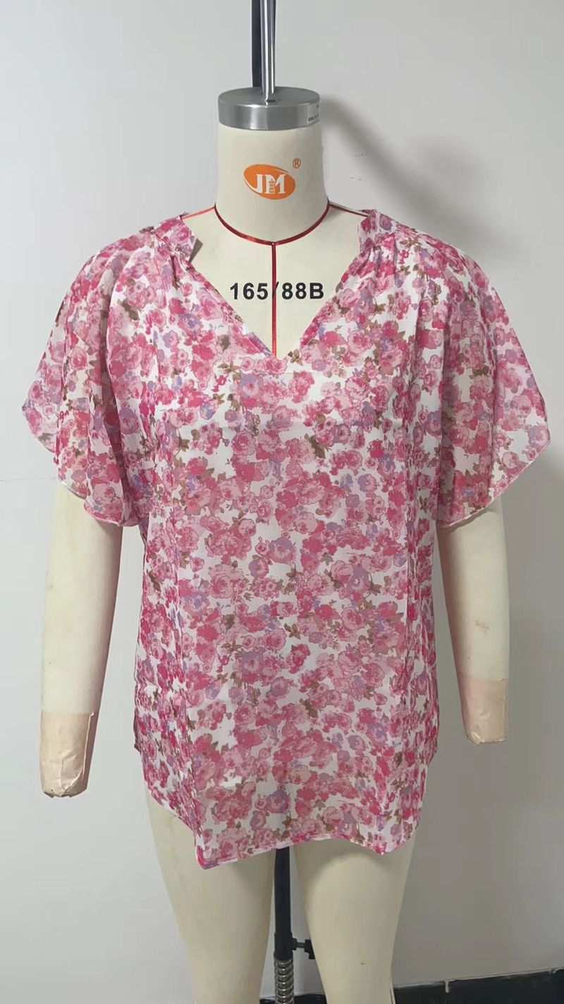 Women's clothing floral print V-neck pullover chiffon shirt_voghion.com