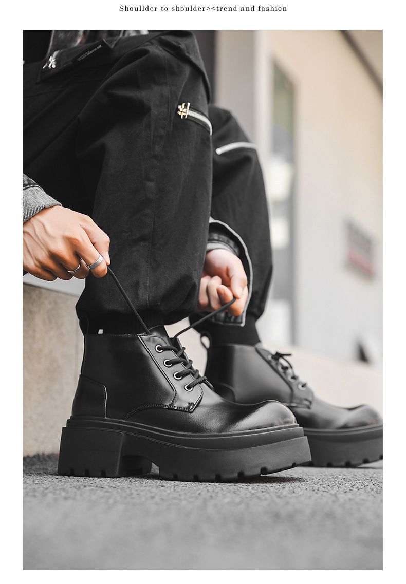 Lace-up High-top Thick-soled Heightening Men's Boots Fleece Short Boots Tooling Boots Martin Boots_voghion.com
