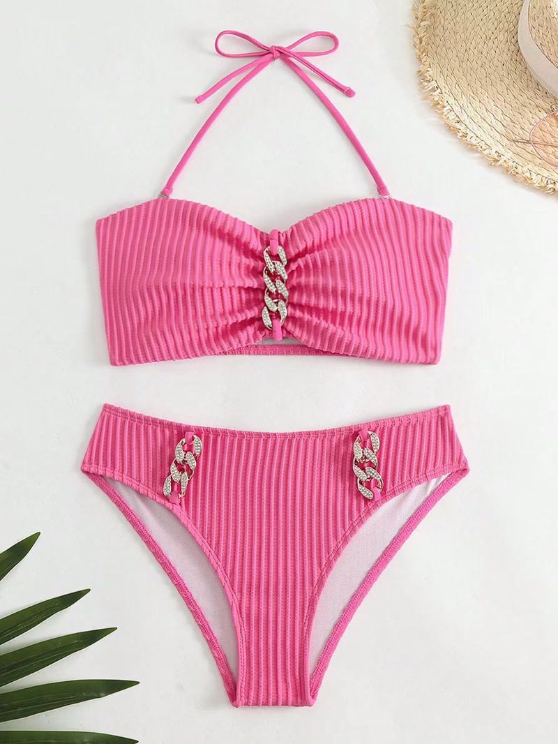 Kadın çizgili yular boyun moda bölünmüş biniki mayo kadın_voghion.com