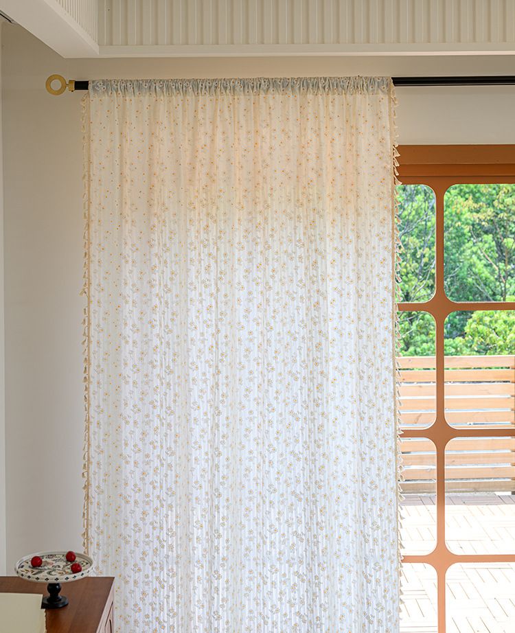 Cortinas de algodón semitransparentes de estilo japonés, sin perforaciones, con ganchos y ojales, con estampado floral bohemio y garabatos para sala de estar y dormitorio._voghion.com