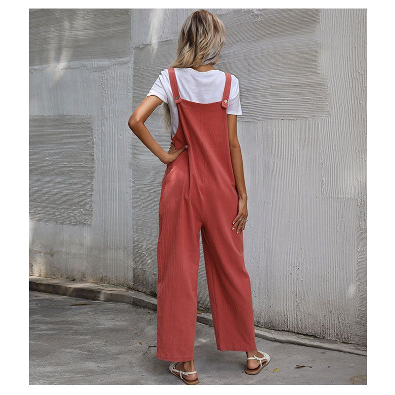 Mono de tirantes sin mangas de color liso de lino y algodón para mujer_voghion.com
