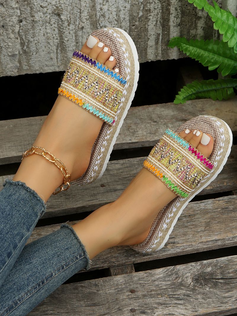 New Wide Width Women's Platform Peep-Toe Sandals - Boho Ethnic Jute Rope Candy Color Flip Flops (Comfortable Thick Sole Summer Beach Slippers)_voghion.com