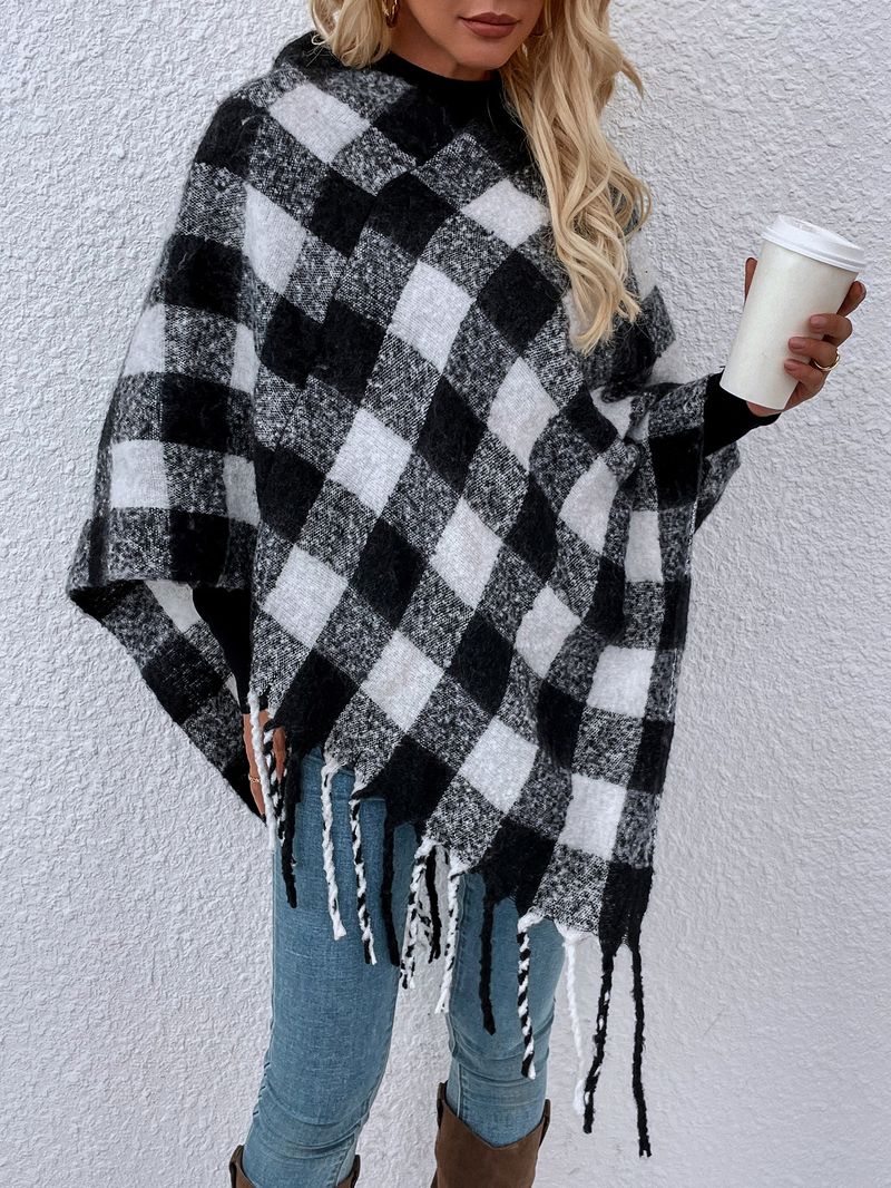 Maglieria da donna maglione a secchiello in pongee con scialle con frange a quadri mille uccelli_voghion.com