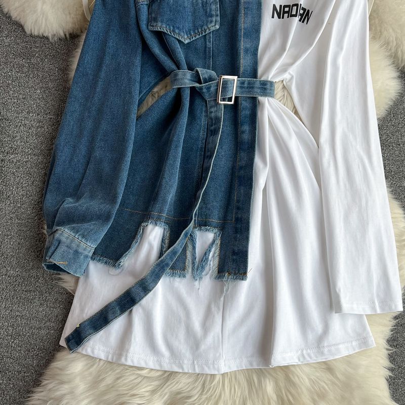 Abbigliamento da donna vita temperamento con cintura in tinta unita in denim abito casual di media lunghezza T_voghion.com