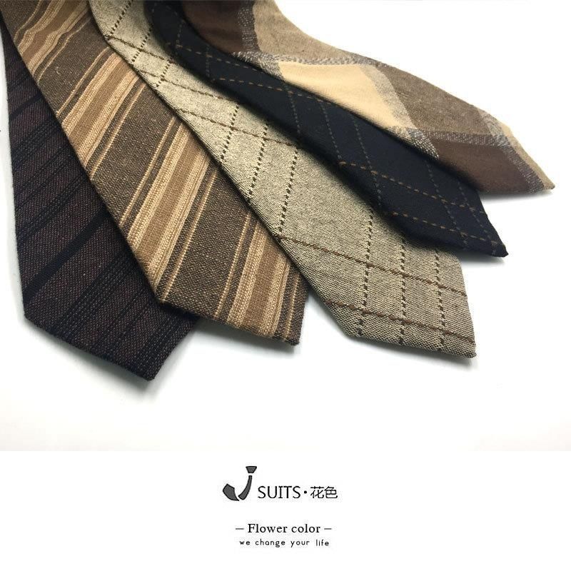 Cravatta in lino marrone, cotone, giallo, rosso scuro, nero opaco, retrò, casual, stile britannico giapponese, 7 cm_voghion.com