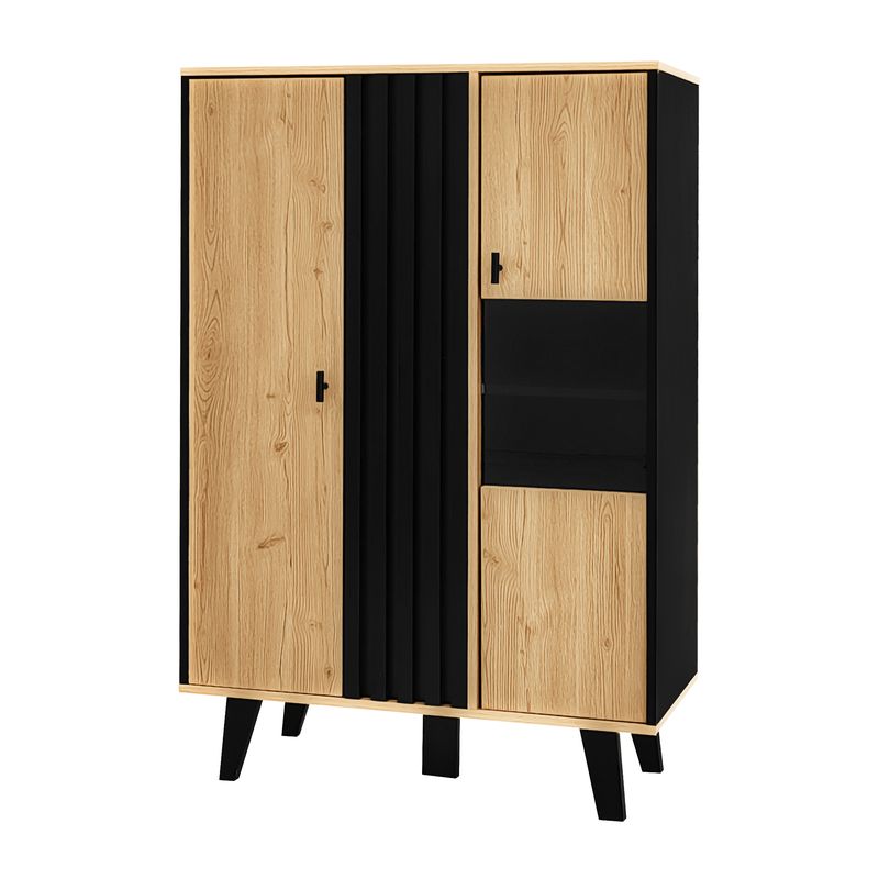 Buffet avec éclairage LED et verre, armoire en stratifié beige avec finition noire et bois, design unique à rayures noires_voghion.com