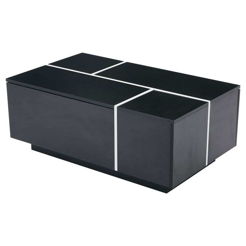 Table basse carrée noire moderne 100 x 60 x 40 cm, finition patchwork brillante, 4 tiroirs et plateau coulissant, supporte jusqu'à 30 kg._voghion.com