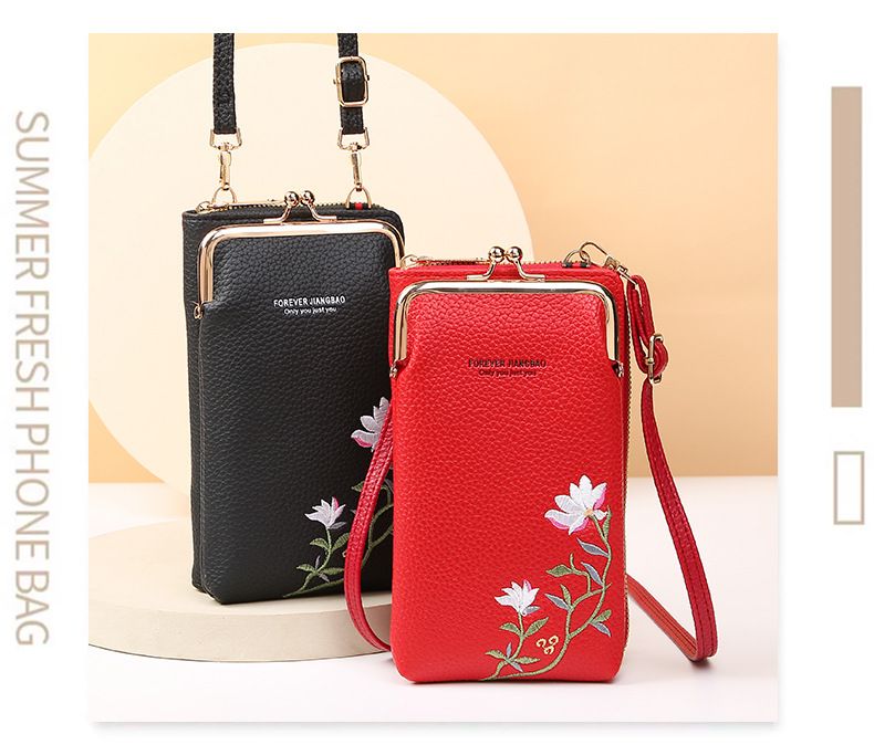 2024 New Women's Mobile Phone Bag Korean Edition Fashion Lychee Pattern Solid Color Embroidery Oblique Span Shoulder Bag_voghion.com