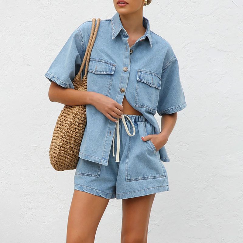Retro Casual Loose Pocket Short Sleeved Shirt Shorts Denim Two Piece Suit_voghion.com
