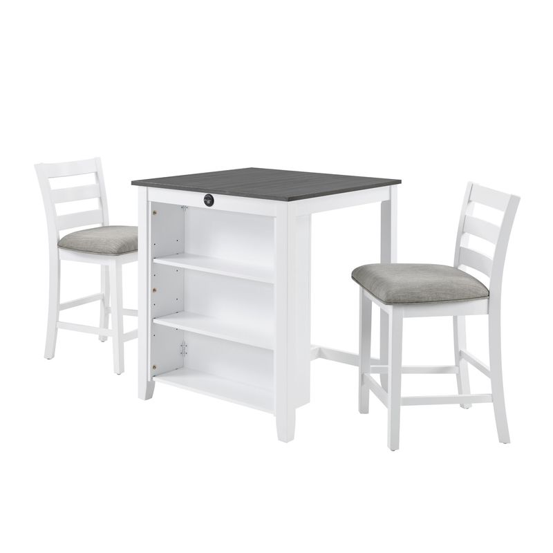 36" Modern Dining Table Set For 2 With Charging Station & 3-Tier Adjustable Storage | Space-Saving Kitchen Set With Upholstered Chairs For Small Spaces, Apartment,Off White_voghion.com