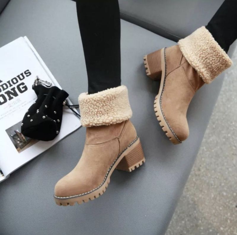 Botas de neve de camurça com salto grosso e cano médio para outono e inverno_voghion.com