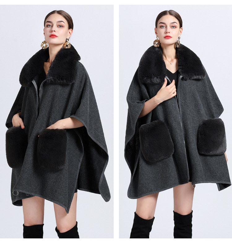 Women's imitation Rex rabbit collar cape cape large size knitted cardigan loose woolen coat_voghion.com