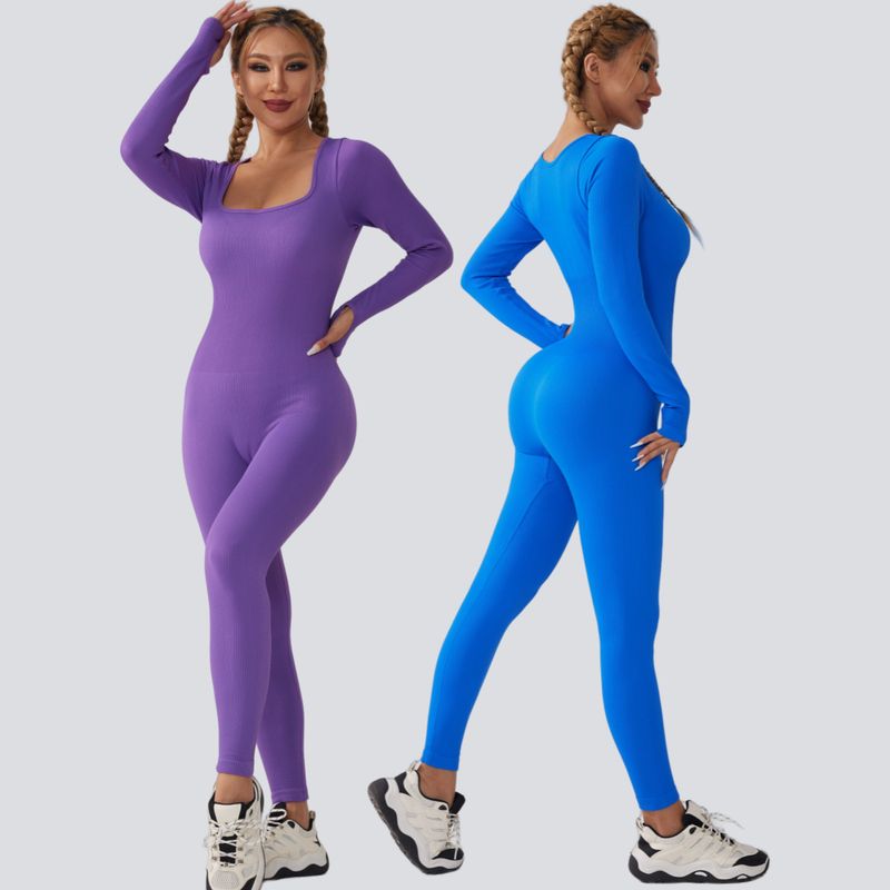 Autumn And Winter Seamless Sleeve Square Neck Yoga Suit Long Pants One-piece Fitness Body Shaping Bodysuit_voghion.com